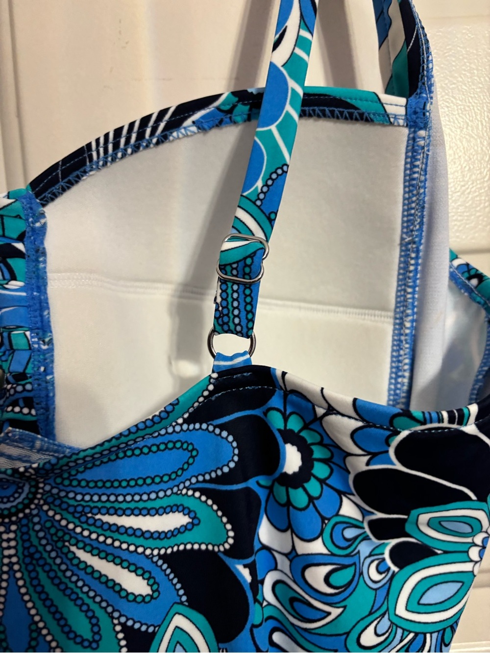 Tropical Blue/Turquoise Floral One-Piece Swimsuit with ruching—18W - Picture 8 of 10
